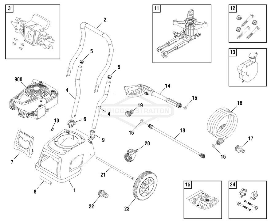 Briggs & Stratton pressure washer model 020636 replacement parts, pump breakdown, repair kits, owners manual and upgrade pump.